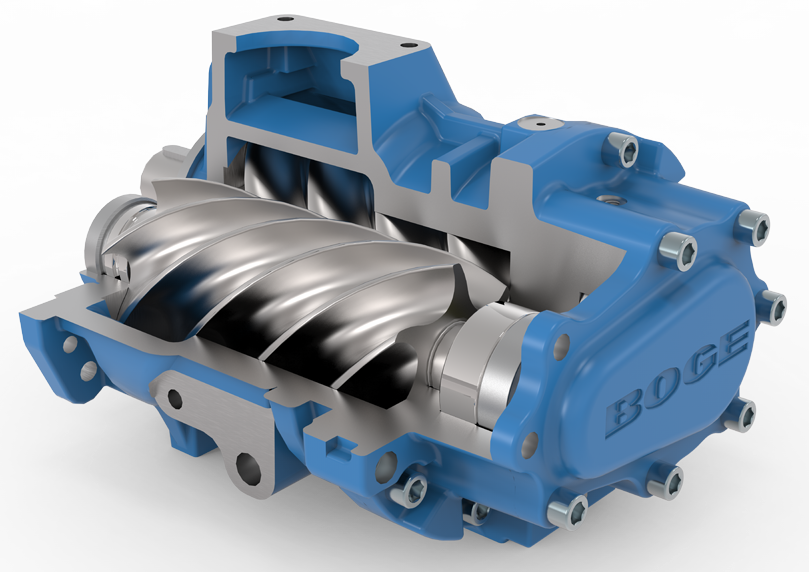 BOGE BS-62 screw compressor cutaway — internal airend detail